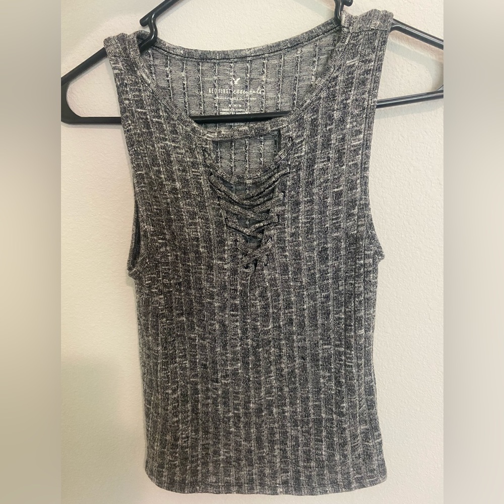 AEO Essentials Grey Sleeveless Ribbed Knit Tank V Neck